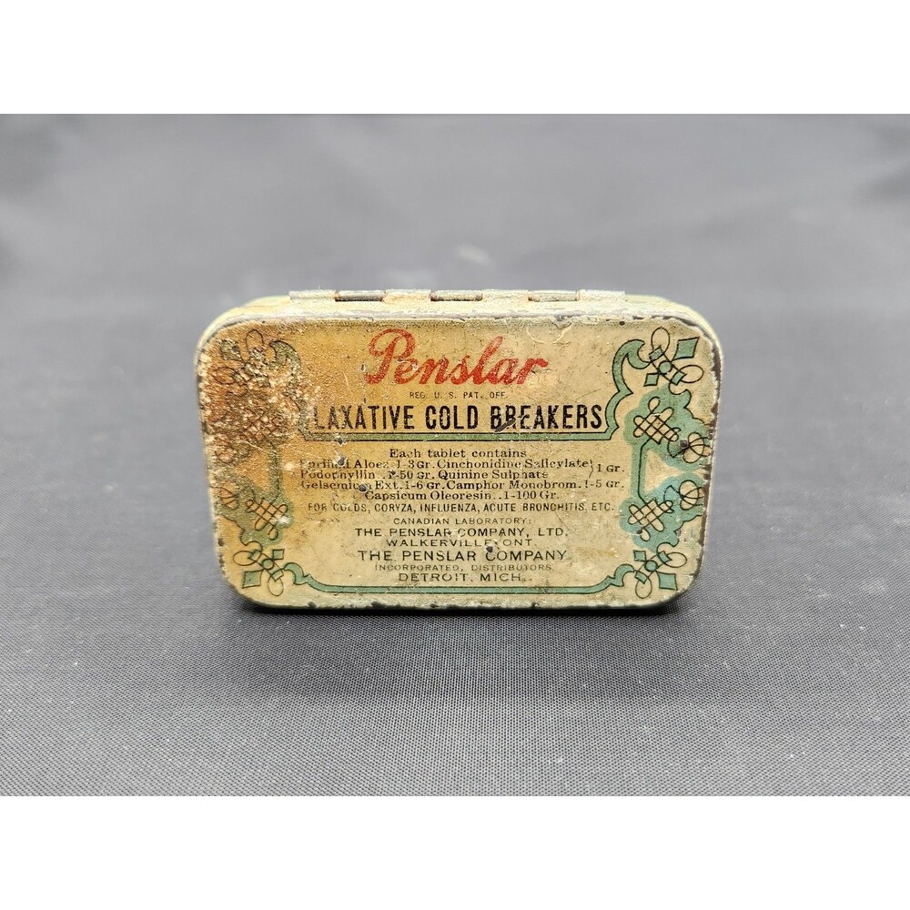 Vintage Penslar Detroit Michigan Laxative Cold Breakers 20 Tablet Medicine Tin